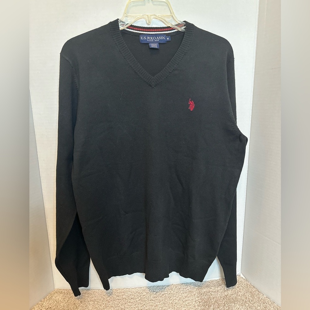 U.S. Polo Assn. Black V-Neck Sweater with Red Pony Logo, size medium